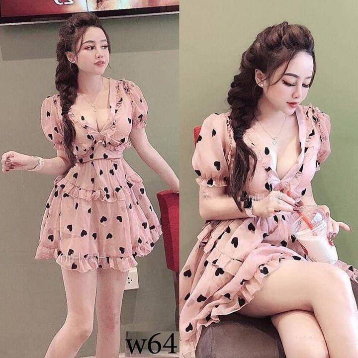 Đầm xòe họa tiết trái tim nhún bèo, cổ xẻ chữ V, tay phồng siêu xinh