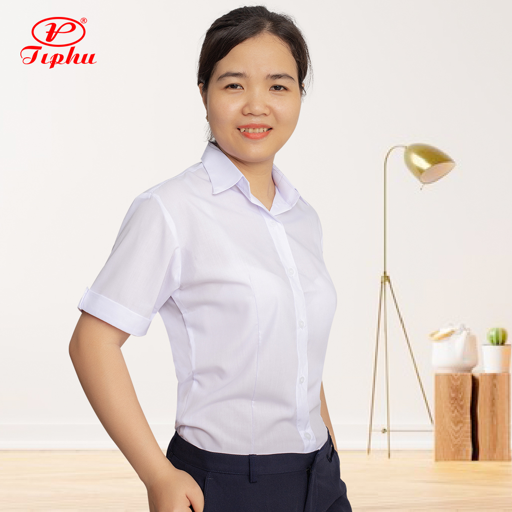 Áo sơ mi trắng tay ngắn, đồng phục nữ sinh, dáng căn bản, vải KT Silk mượt mà, không nhăn nhàu
