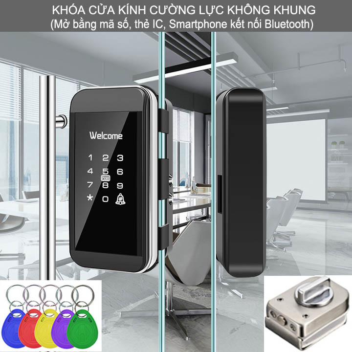 Khóa kỹ thuật số cho cửa kính cường lực không khung, mở bằng mã số, thẻ IC, App điện thoại kết nối Bluetooth