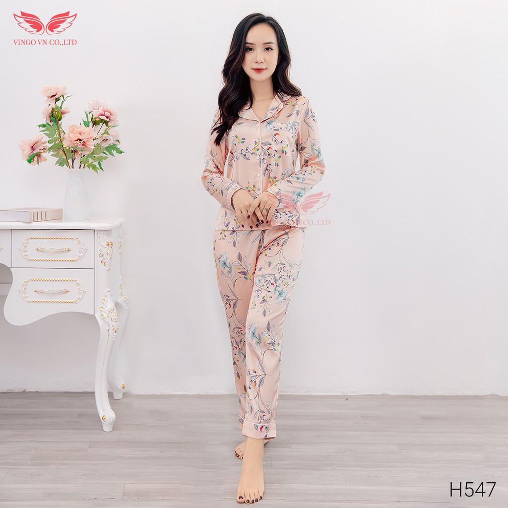 Đồ Bộ Nữ Pijama Mặc Nhà VINGO Lụa Pháp Cao Cấp Tay Dài Quần Dài Cổ Vest Có Eo Họa Tiết Hoa Lá Thu Đông H547 VNGO - TDQD