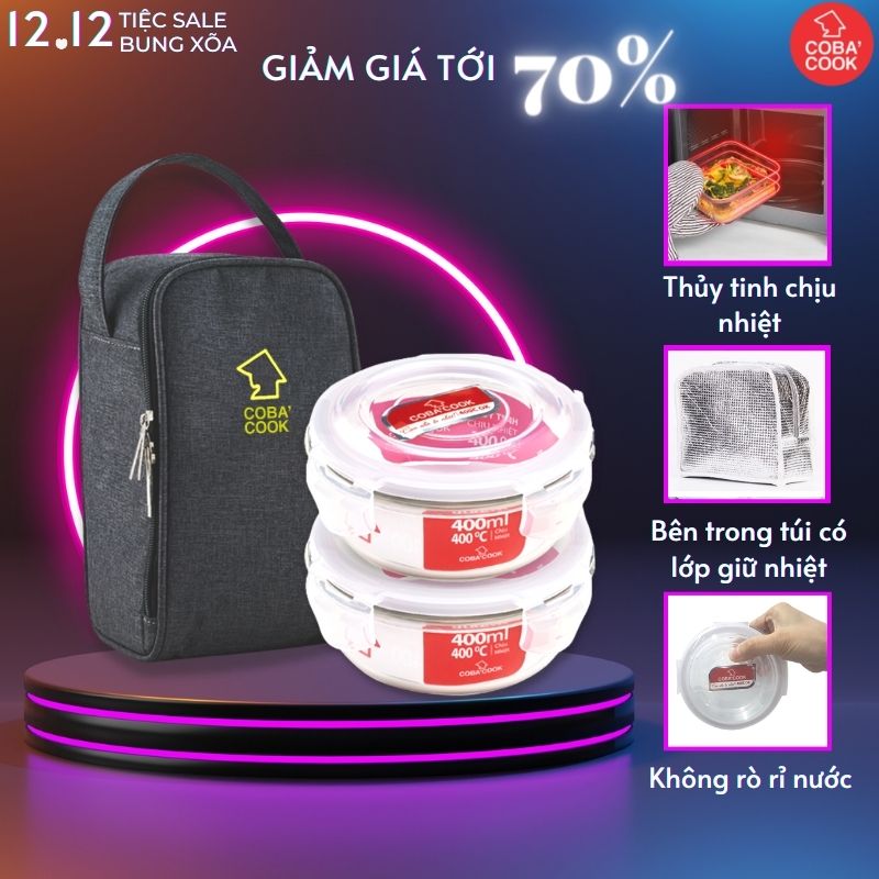 Bộ 2 hộp đựng cơm thực phẩm trữ thức ăn thủy tinh chịu nhiệt COBA'COOK  hộp tròn 400ml TẶNG 1 túi giữ nhiệt đựng vừa 3 hộp-CCR42BL