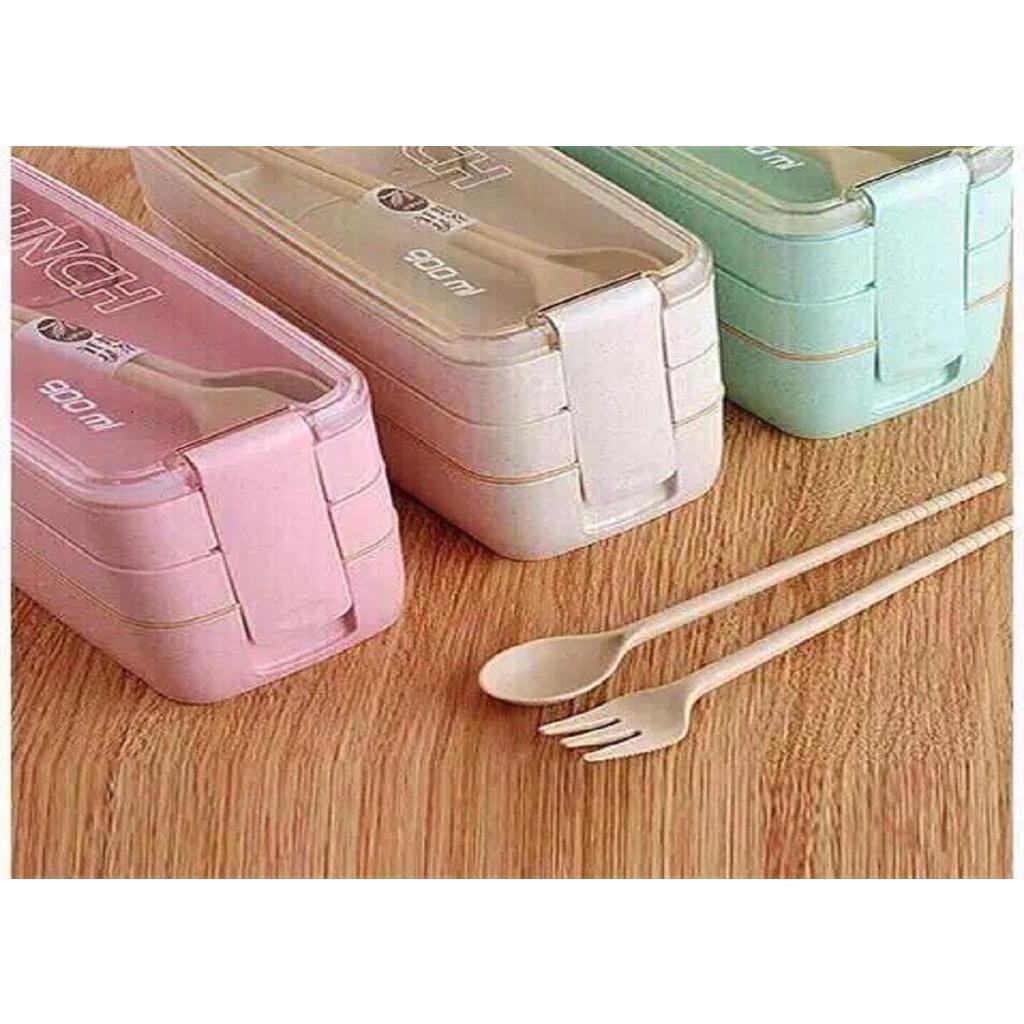 Hộp Cơm Văn Phòng Giữ Nhiệt Kèm Muỗng Tiện Dụng - Hộp Cơm Lúa Mạch Lunch Box 3 Tầng 900ml
