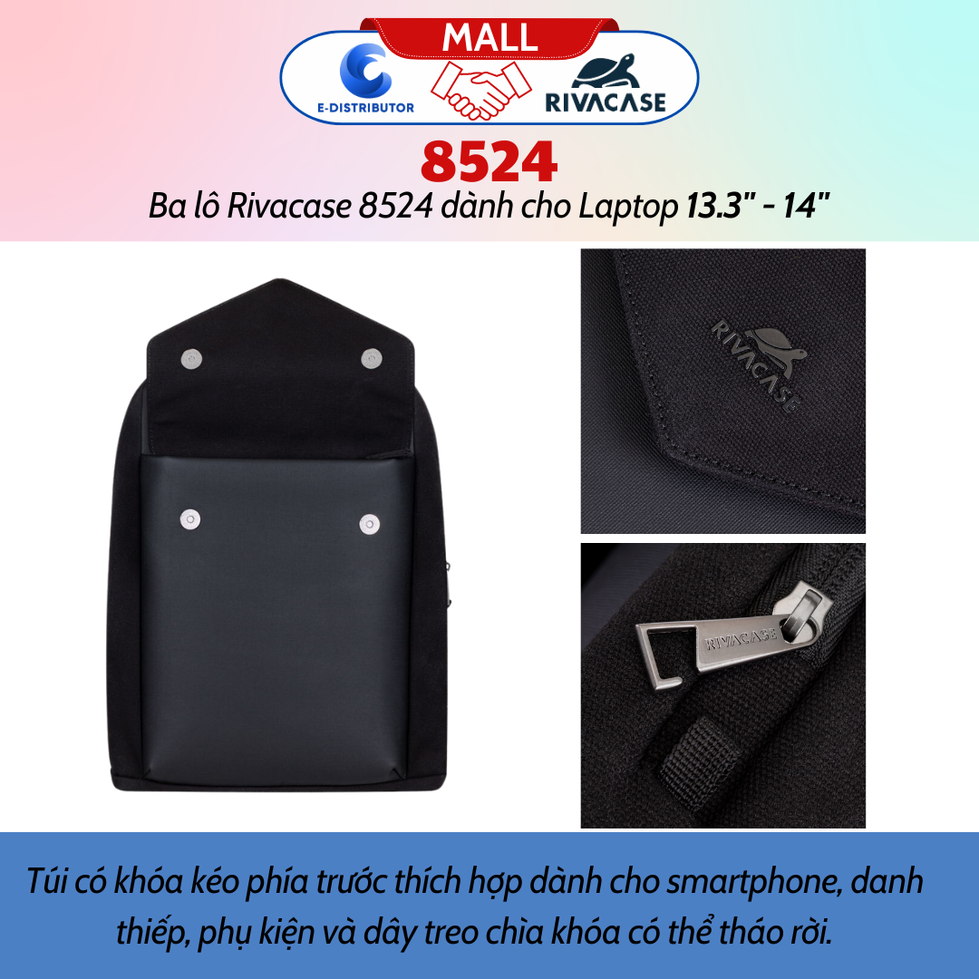 Balô Rivacase 8524 Để Vừa Laptop 13.3&quot; - 14&quot; - Bảo Hành 24 Tháng - Hàng Chính Hãng