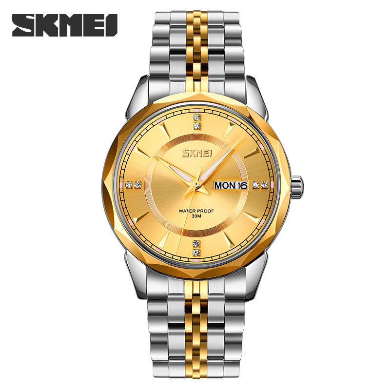 Phong Cách Mới Nhất Skmei Moment Beauty Thời Trang Dây Thép Không Gỉ Chắc Chắn Nam Lịch Kép Chống Nước Phong Cách Doanh Nhân Đồng Hồ Thạch Anh