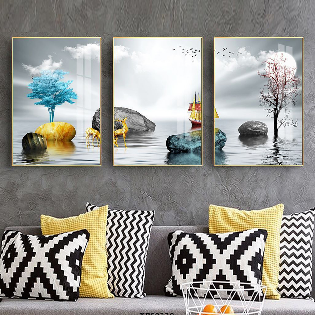 Bộ 3 Bức Phong Cảnh Đẹp - Tranh in Vải Canvas, Khung Composite Cao Cấp
