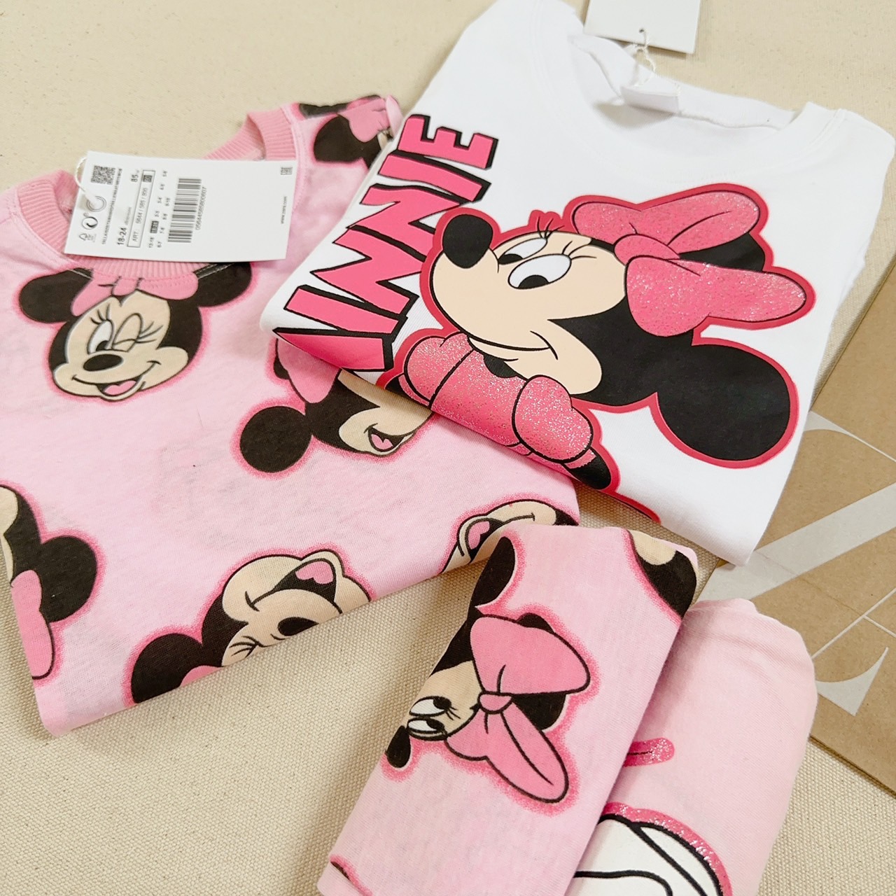 Set 2 bộ cotton dài tay bé gái Minnie trắng hồng 9-20kg