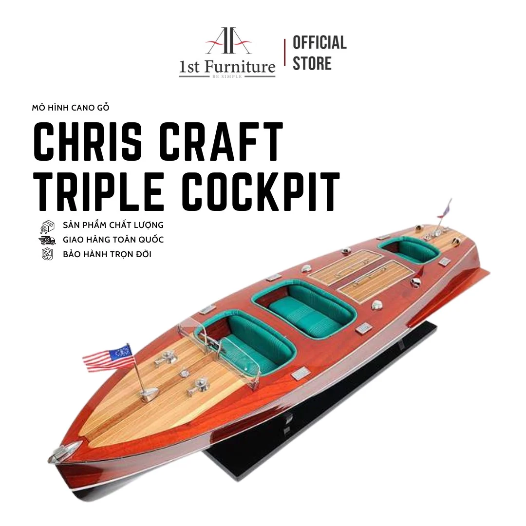 Mô hình cano CHRIS CRAFT TRIPLE COCKPIT cao cấp, mô hình thuyền gỗ tự nhiên sang trọng lắp ráp sẵn 1st FURNITURE