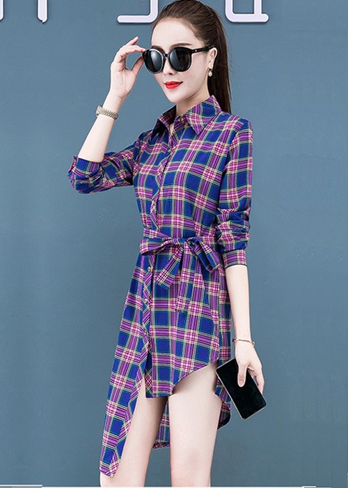 Đầm suông cổ sơ mi, đầm kẻ caro màu tím tà lệch Haint Boutique da91