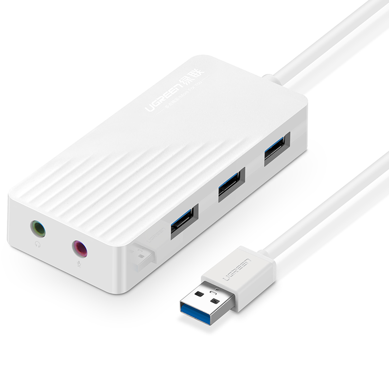 Hub USB 3 cổng 3.0 kèm 2 đầu mic và tai nghe cho âm thanh ngoài dài 30CM UGREEN CR134 - Hàng Chính Hãng