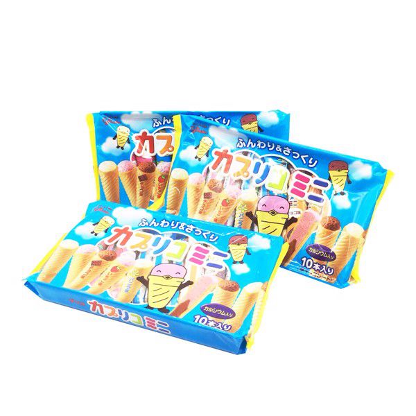 Hộp 10 Bánh ốc quế Glico nhân kem (Vanilla, Dâu, Chocolate) 87g - Nhập khẩu Nhật Bản