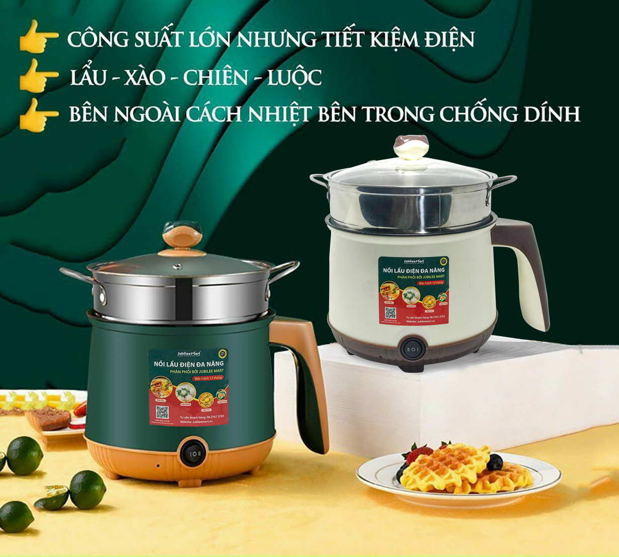 Nồi Điện Jubileemart đa năng, Nồi điện mini tặng kèm xửng hấp dùng chiên trứng, nấu canh, nấu lẩu, kho cá tiện lợi - hàng chính hãng