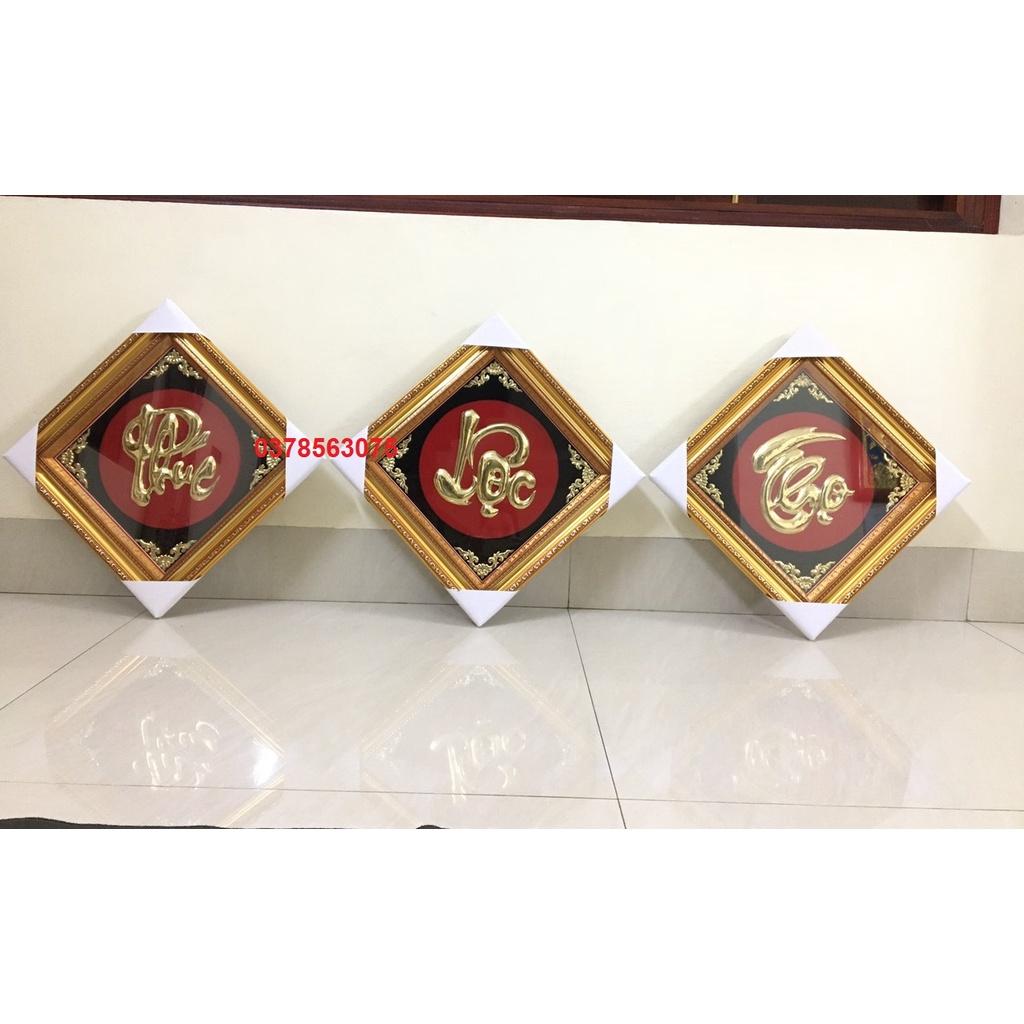 Tranh chữ Phúc -Lộc - Thọ bằng đồng nguyên chất 42x42cm khung vàng hình thoi