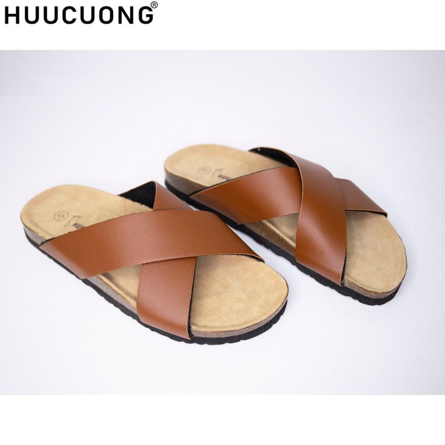 Dép unisex HuuCuong quai chéo pu nâu đế trấu