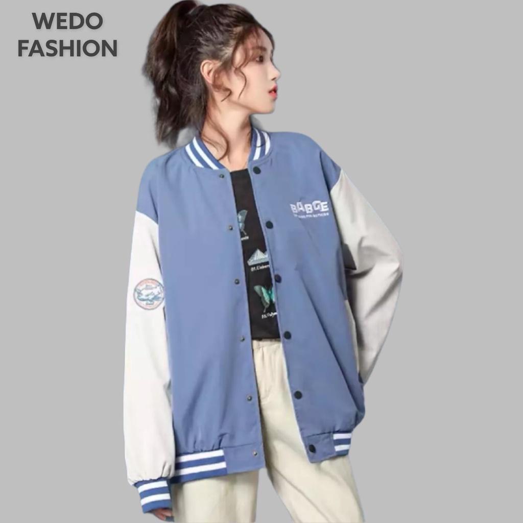 Áo khoác Bomber nữ BABGE, vải dù mero hai lớp cao cấp, logo thêu kèm nút bấm phối màu cá tính