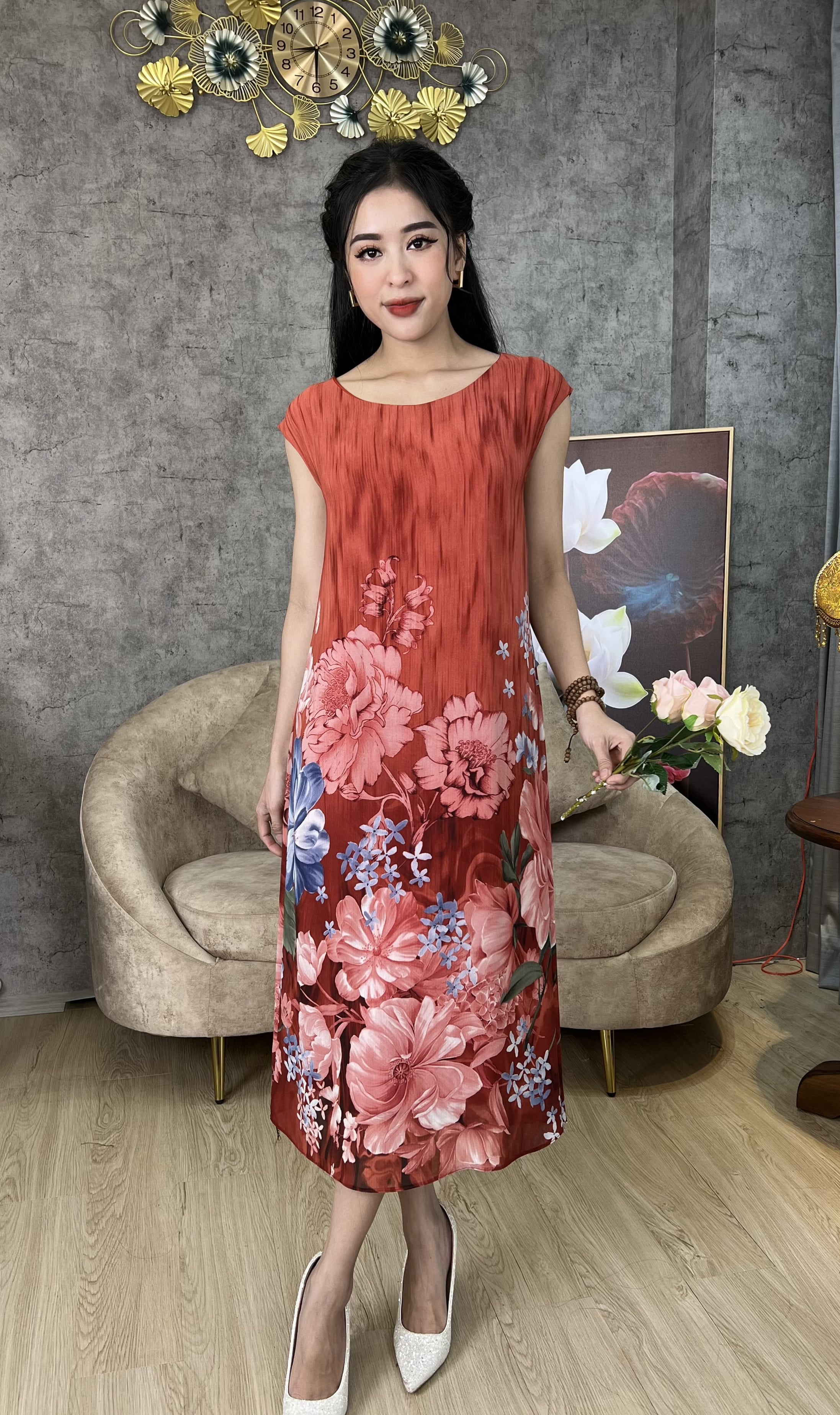 Đầm Trung Niên Sang Trọng [ Linh Trà ] (TM 612) Cao Cấp Vải Voan Hàn Thoải Mái Quý Phái Dễ Mặc Bigsize Trang Nhã
