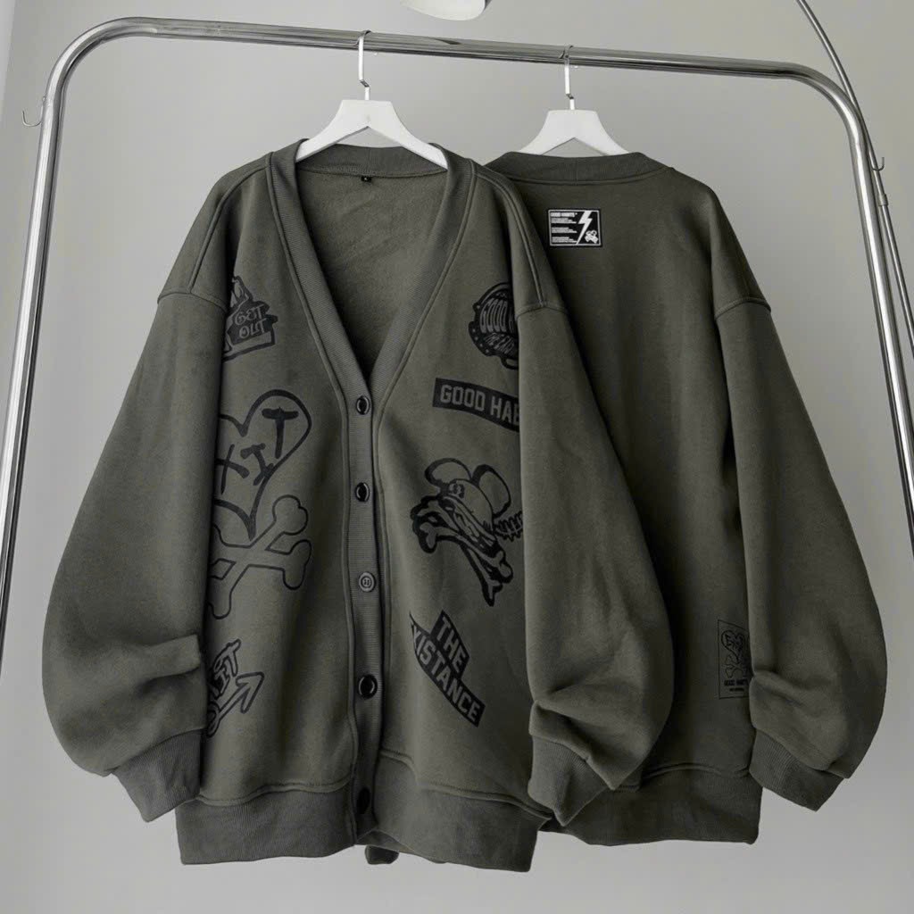 Áo Khoác Cardigan GOOD HABITS  Unisex Logo in Nổi Nam Nữ Couple  - Áo Bomber Nỉ Len Thu Đông