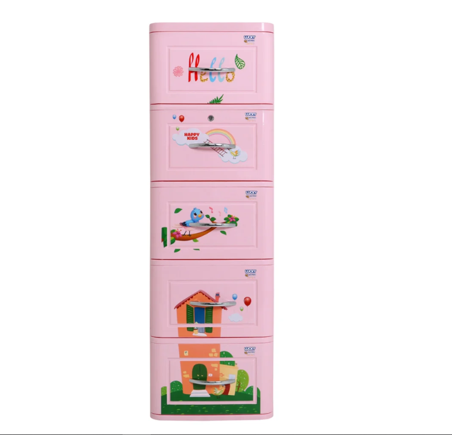 Tủ nhựa 5 tầng Qui Phúc Lucky màu hồng mẫu ngôi nhà KT  380 x 410 x 1250 mm