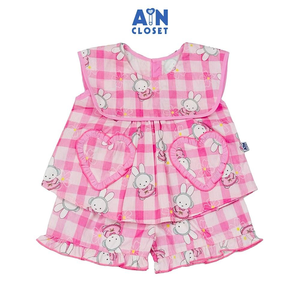 Bộ quần áo Ngắn bé gái họa tiết Thỏ Caro Hồng Cotton - AICDBGBJH0NM - AIN Closet