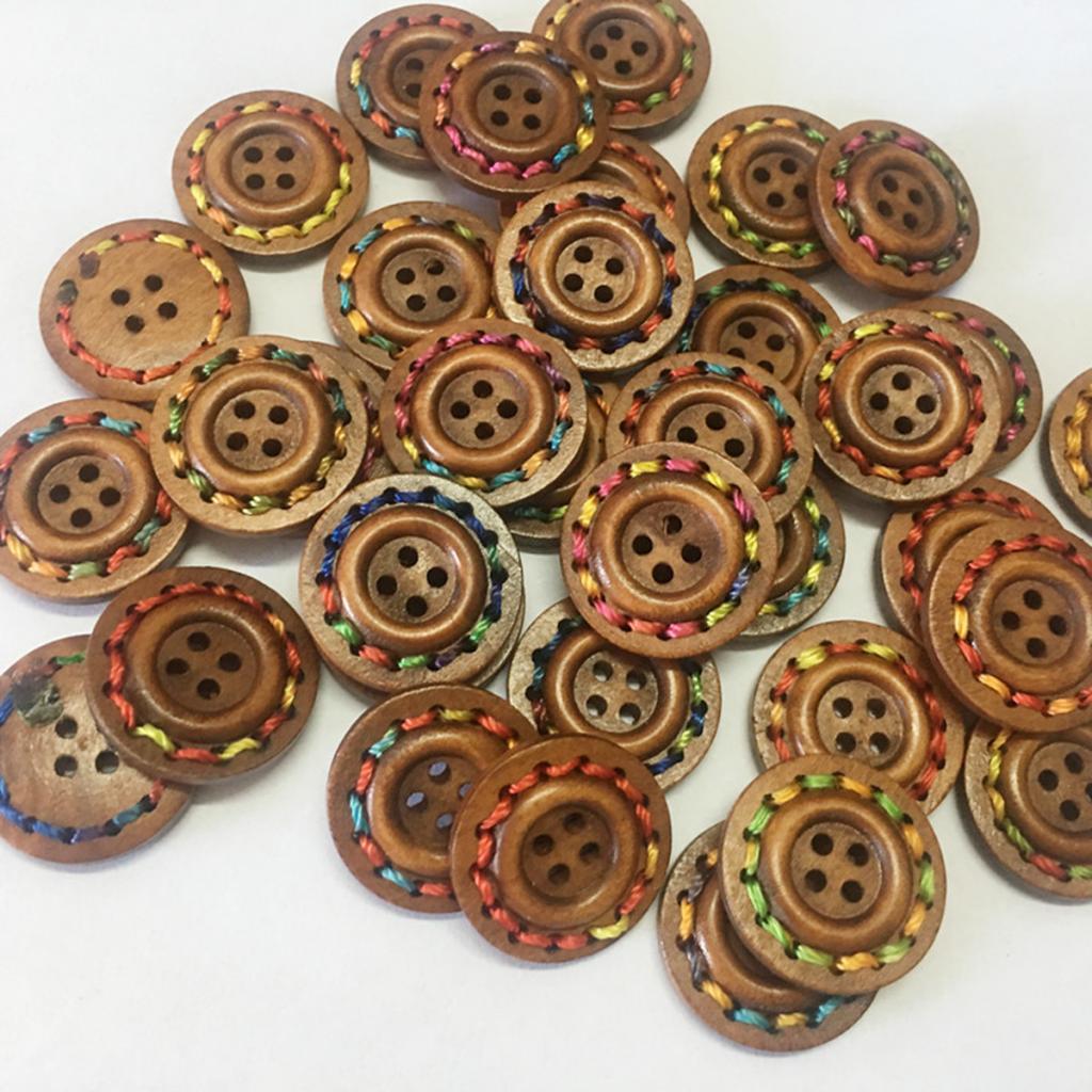 30 Chiếc Vintage Tròn Bằng Gỗ May Hàng Nút Gài 4 Lỗ Quần Áo Phụ Kiện 25 Mm