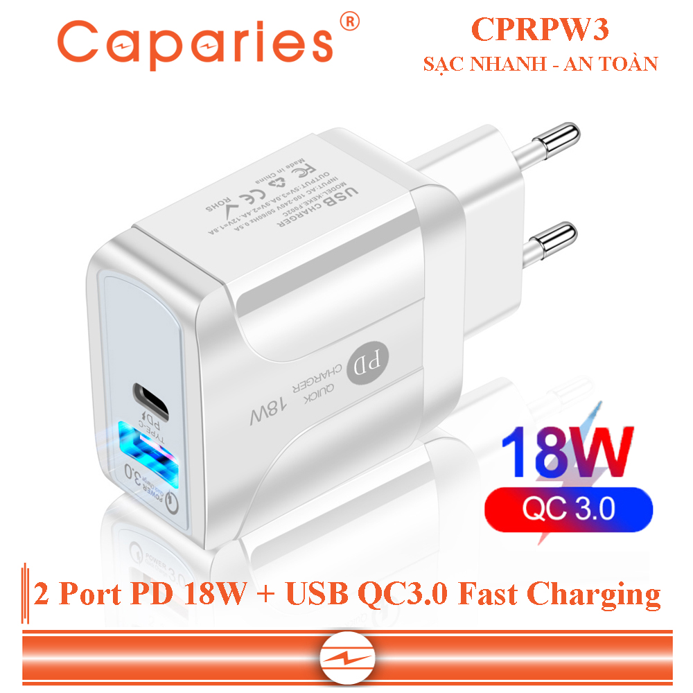 Adapter Sạc 2 Cổng Caparies CPRPW3 18W Tích Hợp Cổng USB Type-C 18W + USB Quick Charge 3.0 Hỗ Trợ PowerDelivery PD - Hàng Chính Hãng