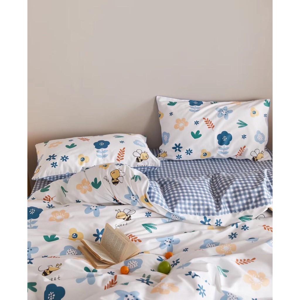 Bộ chăn ga gối Cotton poly M2T bedding Hoa ong xanh, vỏ chăn mền, drap giường và 2 vỏ gối