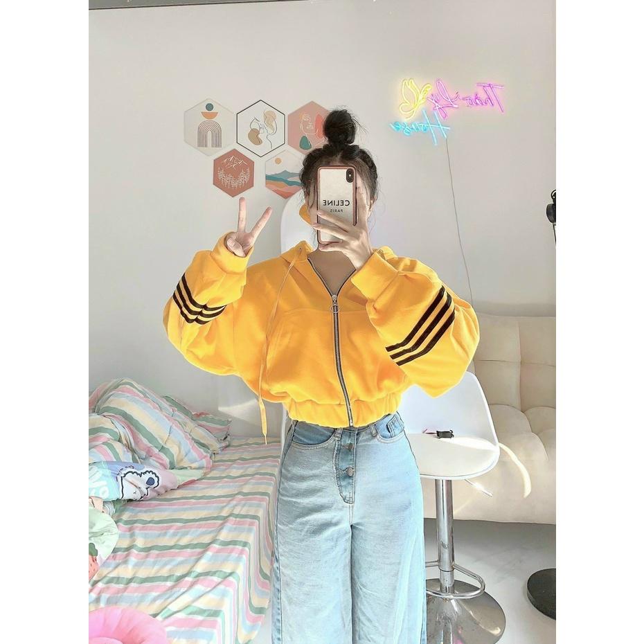 Áo Khoác Hoodie Nữ Kiểu Croptop Phối Viền Sọc Tay Có Nón Vải Thun Nỉ Ngoại Mềm Mịn( Nhiều Màu)