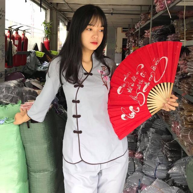 Đồ Lam # Mẫu Tàu Cài Xéo Hoa Thêu Thư Pháp# Đồ Bộ # Quần Áo Nữ