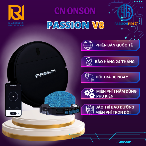 Passion V8 Robot hút bụi và lau nhà thông minh//Sản xuất CN ONSON Mỹ//Lực hút 3000Pa//Bản quốc tế// Hàng chính hãng//Điều khiển app Tiếng Việt