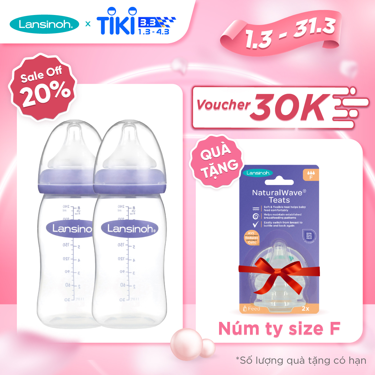 2 Bình Sữa Cổ Rộng Lansinoh 240ml TẶNG 1 Núm Vú Cổ Rộng Lansinoh Size F