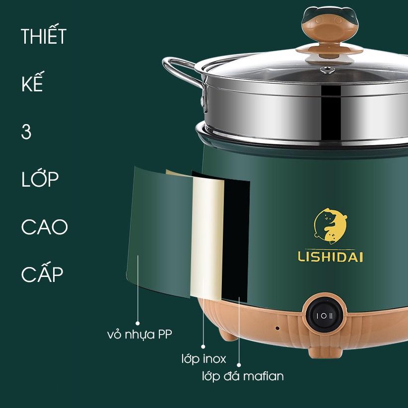 Nồi điện mini 2 tầng đa năng LISHIDAI tặng kèm khay hấp - Nồi lẩu chống dính 1,8 lít cho 1-2 người ăn (LIS03)