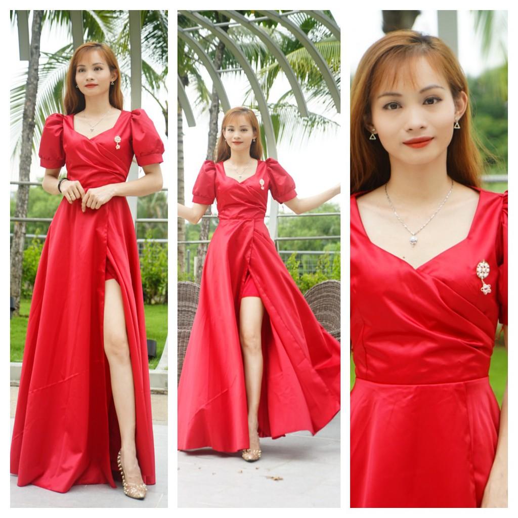 Đầm maxi đỏ tay phồng xẻ tà sang trọng