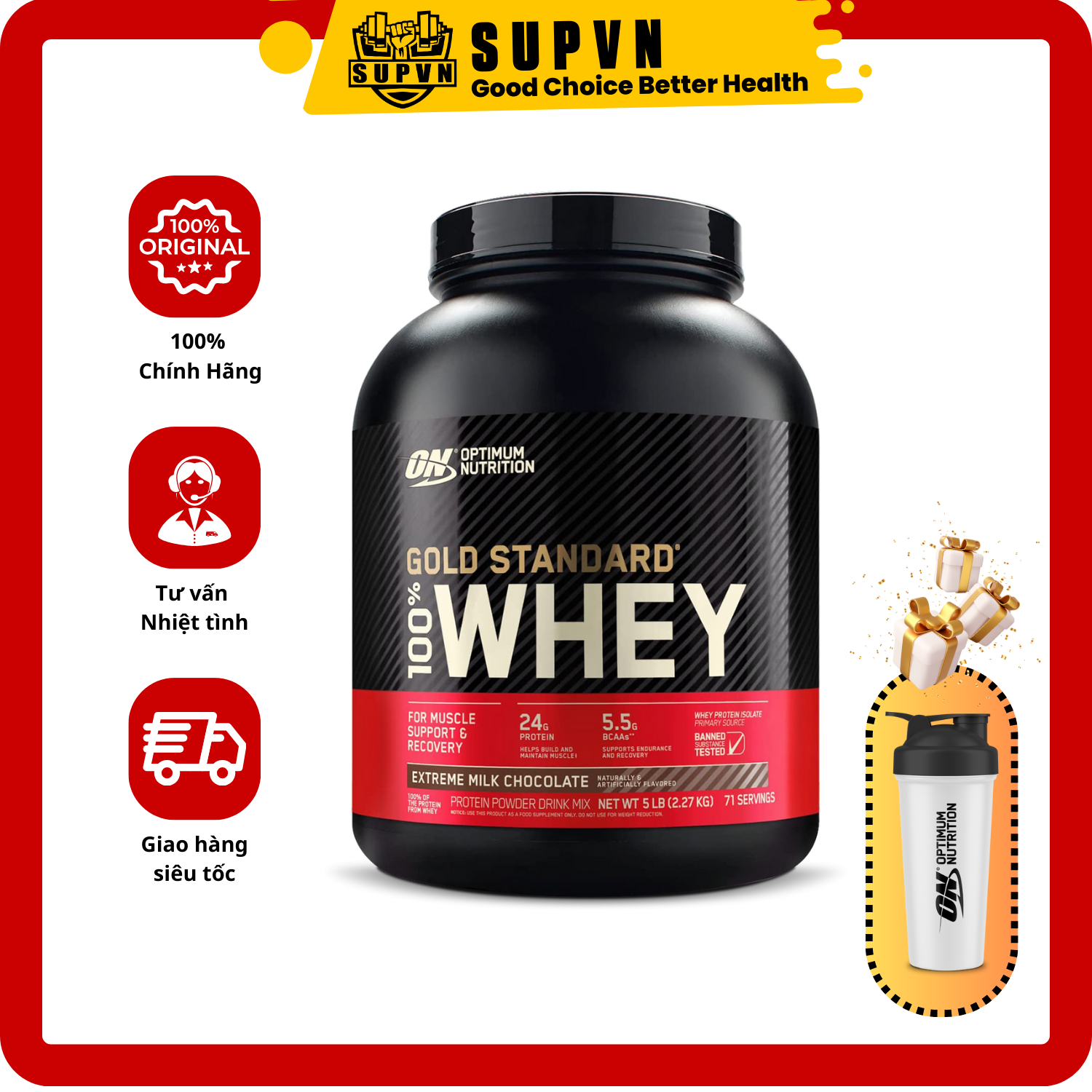 Gold Standard 100 Whey On 5Lbs - Sữa Tăng Cơ Với Dòng Protein Sạch Uy Tín Lâu Đời Tại Mỹ - Chocolate - 2.27 Kg 5Lbs