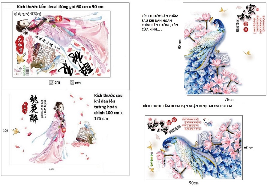 Decal dán tường chim công xanh và cô gái cổ trang