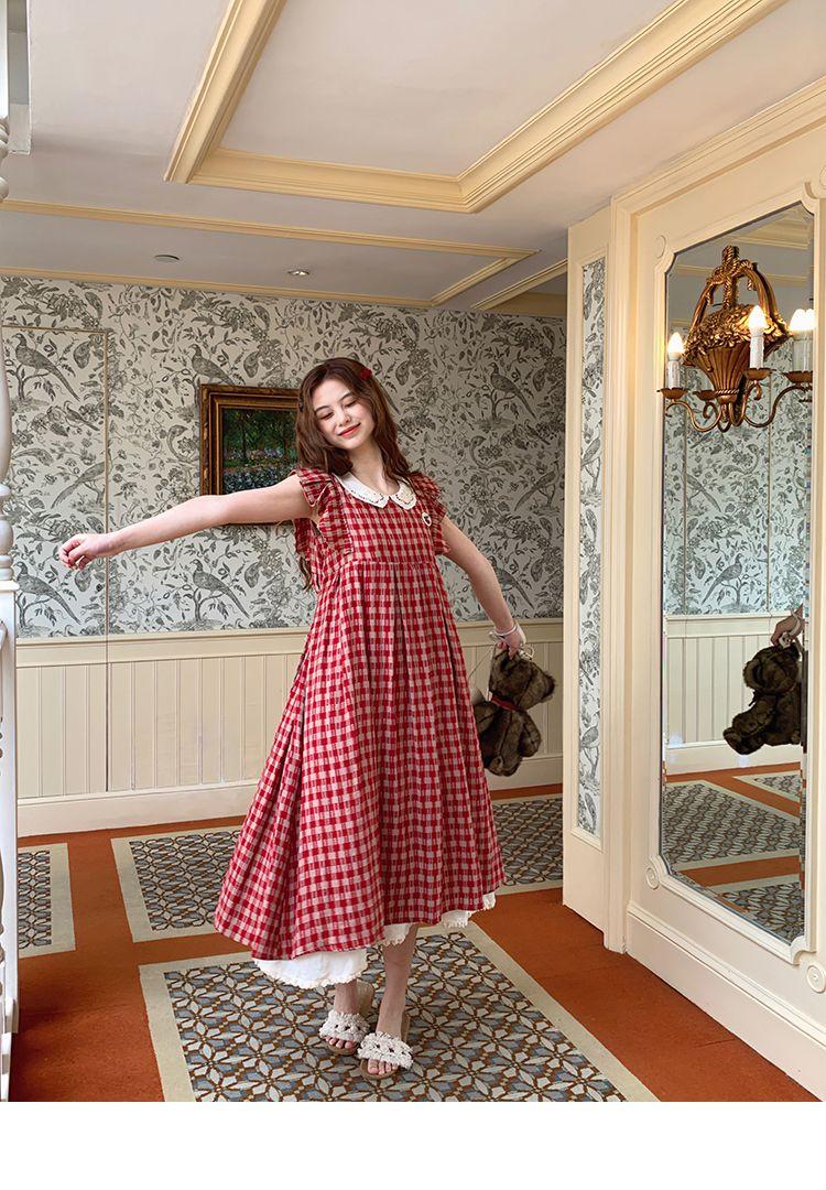 CHENGRUI Vintage búp bê cổ cherry thêu đầm mùa hè 2023 lỏng lẻo ngọt ngào thiết kế cảm giác váy sọc đỏ