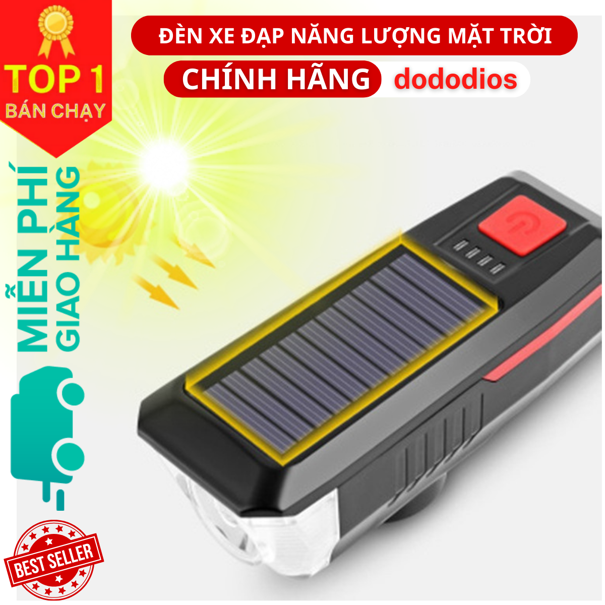 Đèn LED Xe Đạp Năng Lượng Mặt Trời Kèm Còi, Đèn Xe đạp Sạc bằng Năng Lượng Mặt Trời - USB Đèn Xe Đạp có Chuông Còi, Đèn Pin Xe Đạp chống nước có 3 chế độ sáng, sạc lại qua cổng USB, Chuông còi kêu to Phù Hợp Với Xe Đạp Leo Núi - Hàng Chính Hãng dododios