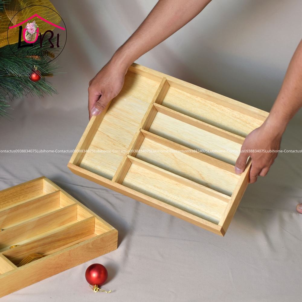Lubihandicraft - Khay gỗ thông đựng muỗng nĩa 5 ngăn - cao cấp