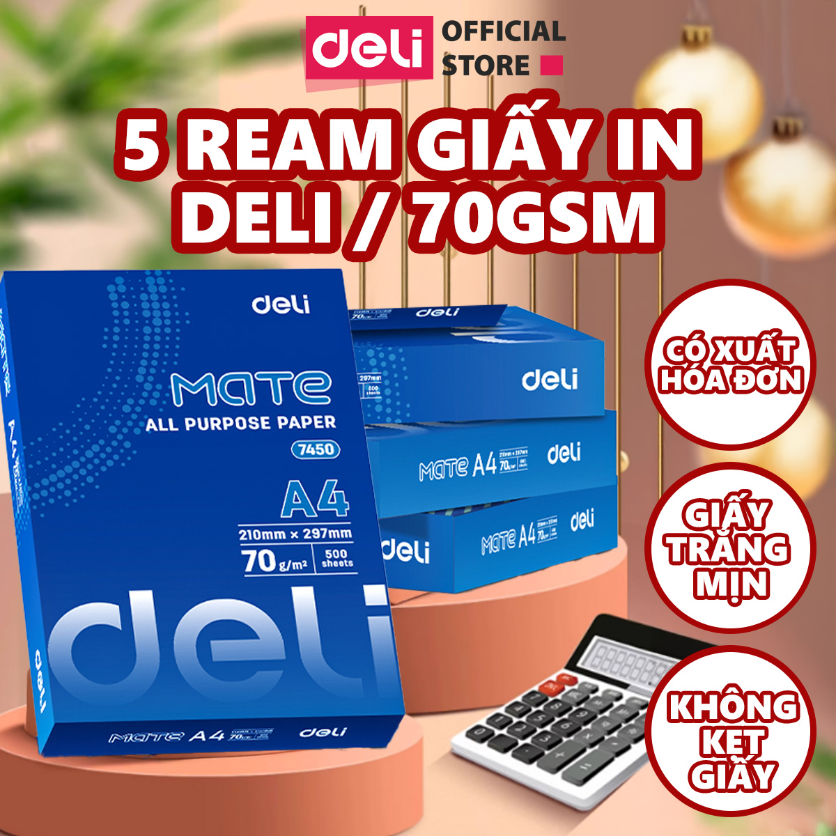[TẶNG DẬP GHIM + BÚT BI] Thùng 5 Ream Giấy A4 Deli Giấy In Photo Copy 70gsm Chính Hãng Loại Dày Ream 500 Tờ Chống Lóa Giấy Mắt