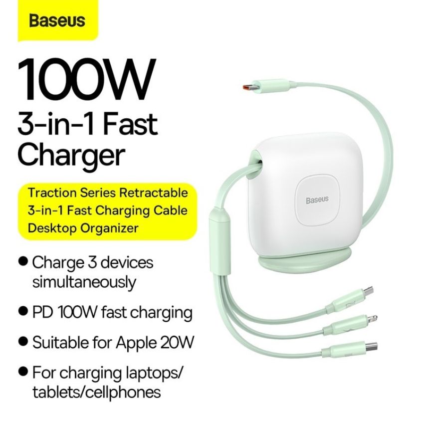 Cáp rút 3in1 Baseus Traction Series Retractable 3-in-1 Fast Charge Cable Desktop Organizer- hàng chính hãng