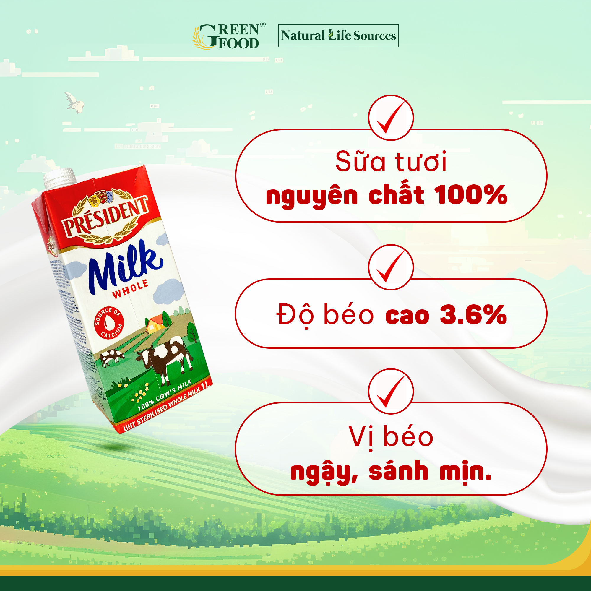 Thùng 6 Hộp Sữa Tươi Tiệt Trùng President Nguyên Kem 1L - Độ Béo 3.6%, Không Đường,nhập khẩu từ Pháp