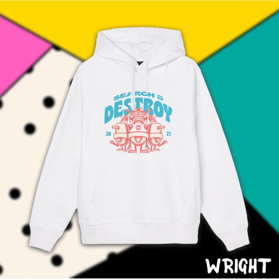 Áo hoodie WRIGHT Search Destroy Trắng phong cách streetwear 100% cotton big size unisex