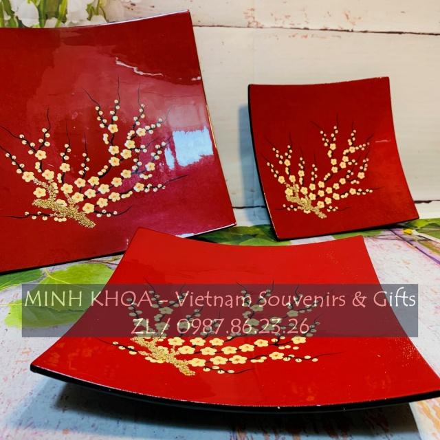 Set 3 Đĩa Vuông Cong Sơn Mài Hoa Đào Cẩn Trứng - Cherry Blossom Lacquer Tray