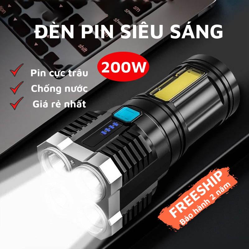 Đèn Pin Cầm Tay 4 Bóng LED Siêu Sáng P2 PRO, 4 Chế Độ Sáng Tiện Dụng Kèm Cáp Sạc USB