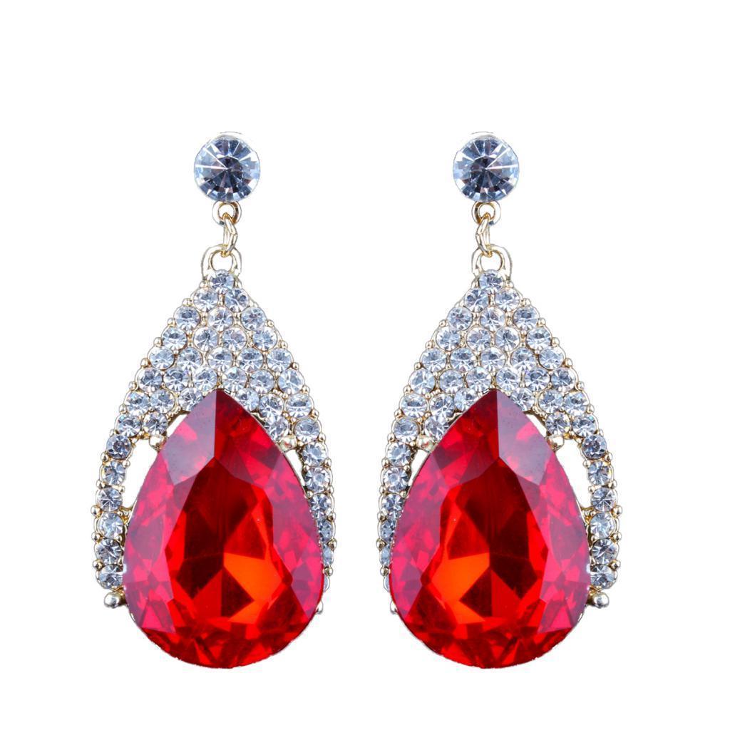 Vintage Glitter Rhinestone Diamante Teardrop Drop Dangle Earrings Red