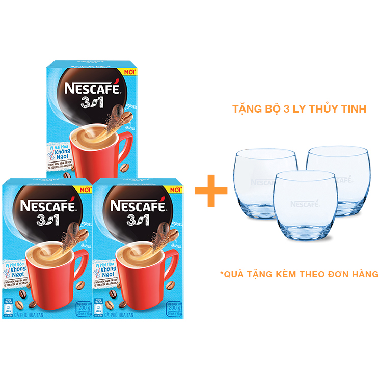 Combo 3 hộp cà phê hòa tan Nescafé 3in1 vị hài hòa không ngọt - công thức cải tiến (Hộp 20 gói) - [Tặng bộ 3 ly thủy tinh]