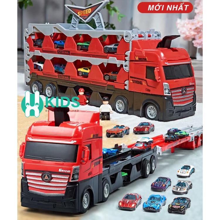 Đồ chơi xe tải container 3 tầng biến dạng lắp ghép thành đường đua dài 2m kèm nhiều ô tô hợp kim kích thước lớn cho bé