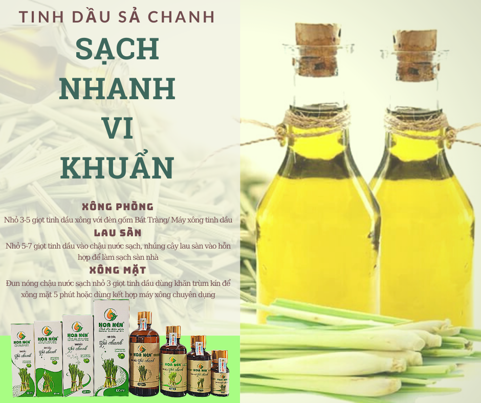 Tinh dầu Sả Chanh nguyên chất 10ml - Hoa Nén - Vegan - Đuổi muỗi, giải cảm, thanh lọc không khí