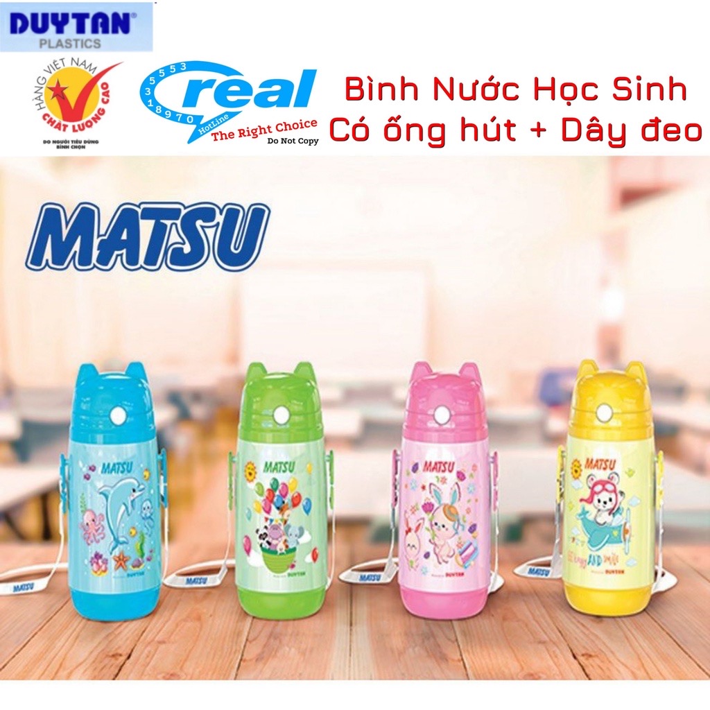 Bình Nước Học Sinh MATSU 400ml Nhựa Có Ống Hút Tặng Dây Đeo Bé Trai Bé Gái