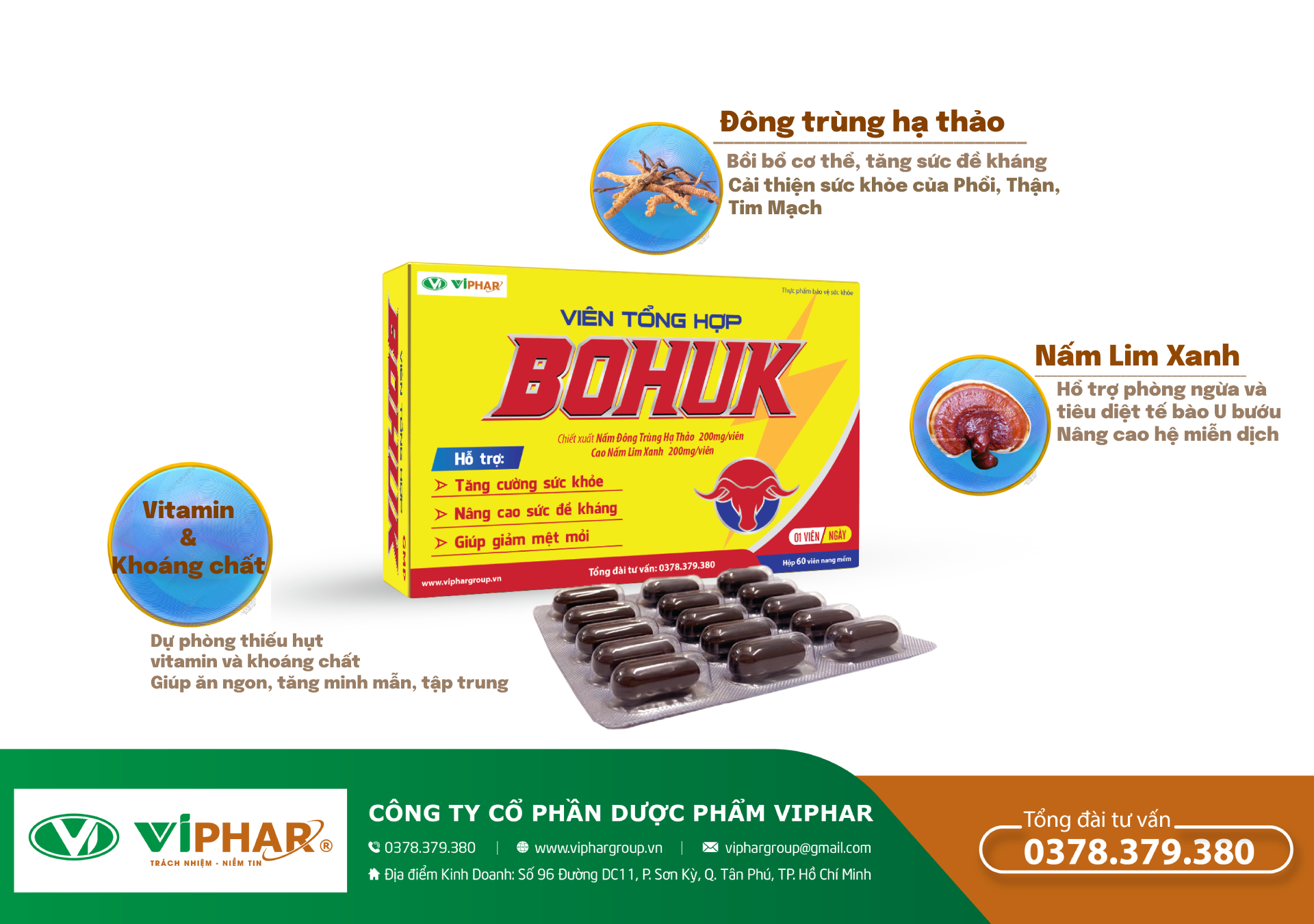 Viên tổng hợp BOHUK- Tăng cường thể lực, tăng sức đề kháng, giúp tỉnh táo, minh mẫn. Hộp 60 viên