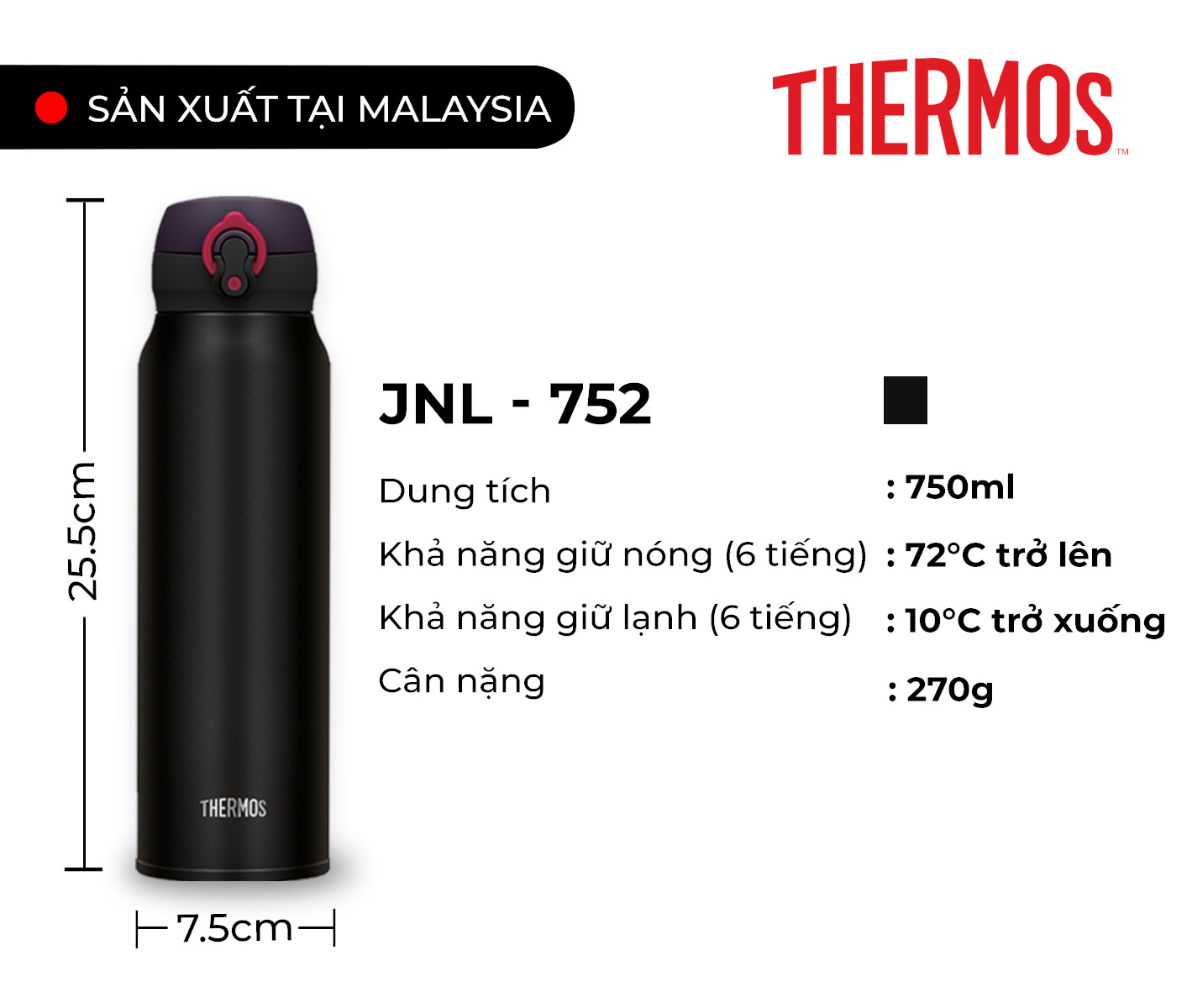 Bình giữ nhiệt Nhật Bản inox Thermos nút bấm 750ml JNL 752 - Hàng chính hãng