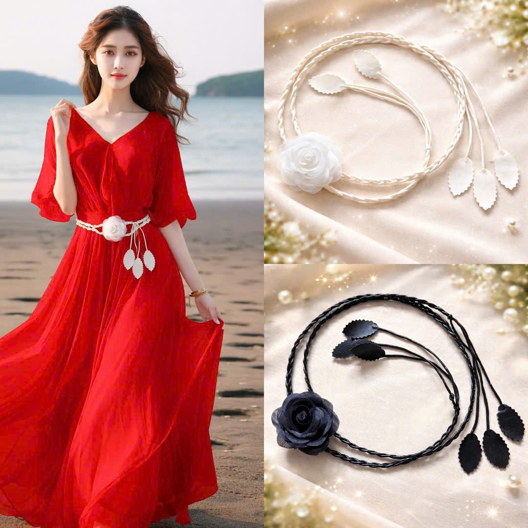 Thắt lưng dây nịt nữ cột eo đầm váy bện rít chiếc lá phối hoa dona26010101